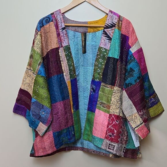 Aratta Silent Journey Patchwork Audrey Silk Kimono Cotragecore Festival Artisan - Picture 16 of 16